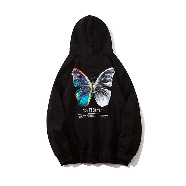 Hip Hop Butterfly Hoodie Sweatshirt Men Harajuku Streetwear Hooded Pullover Cotton Autumn Loose Hoodie Black Clothes - Sleepandso